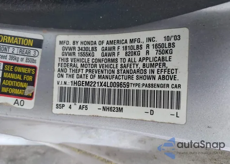 2004 Honda Civic Vp из США, поврежденный, VIN 1HGEM221X4L009659